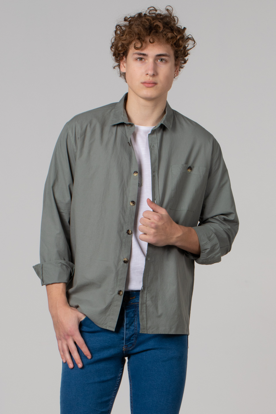 Regular fit poplin gömlek-12-4122 Haki