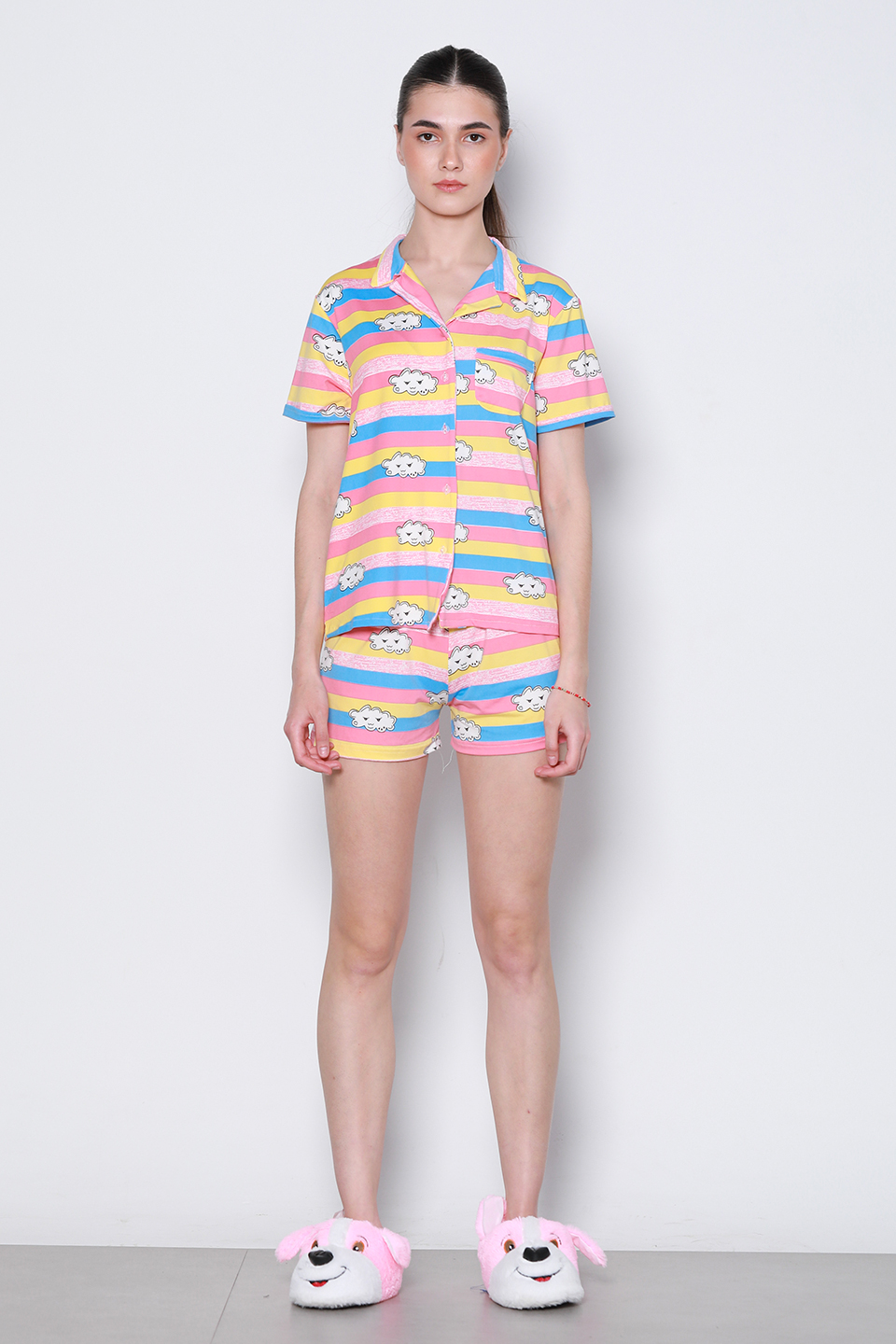 Renkli şortlu pijama takımı-2041 Renkli