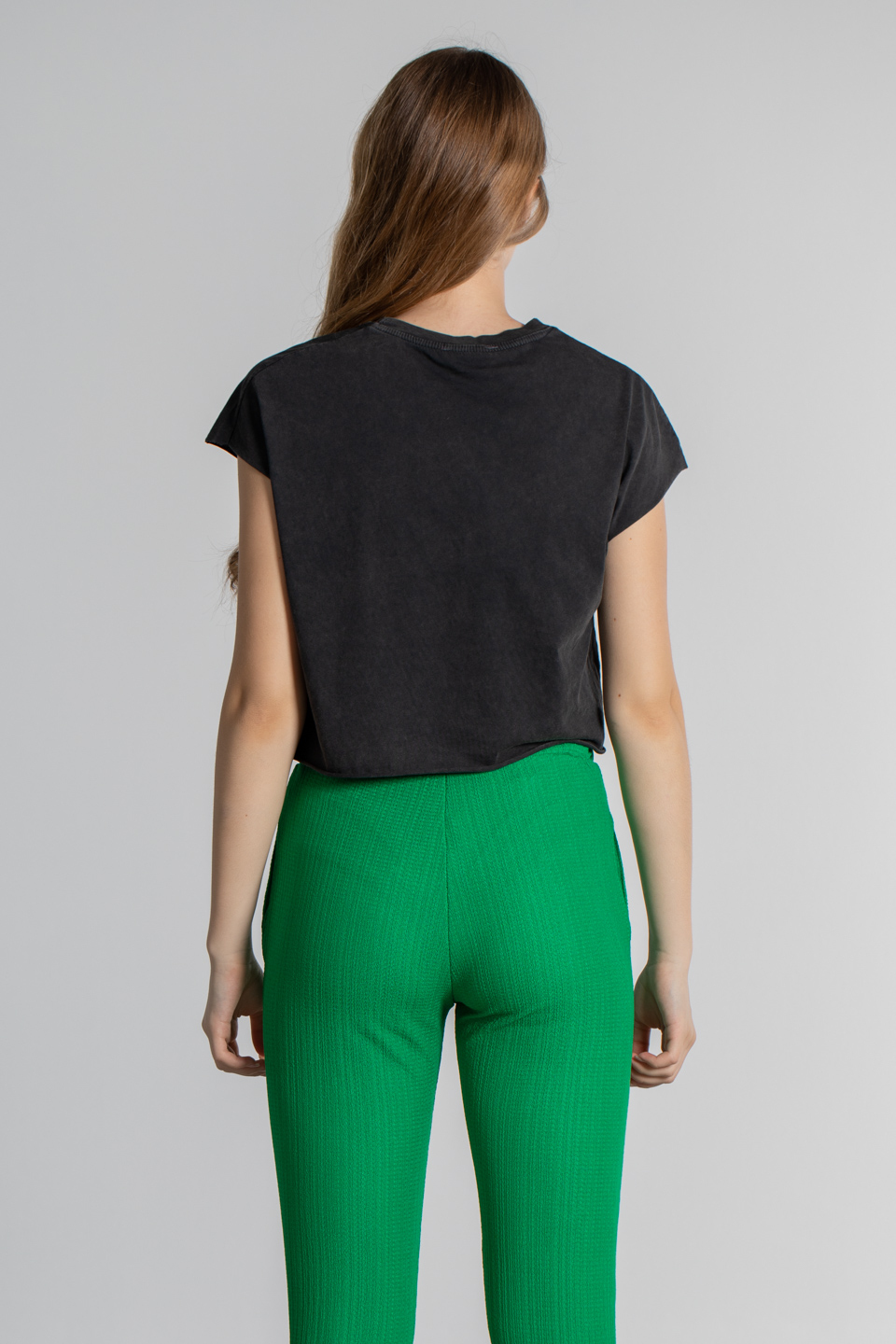 Renkli yazı baskılı crop t-shirt-3272 D.Gri