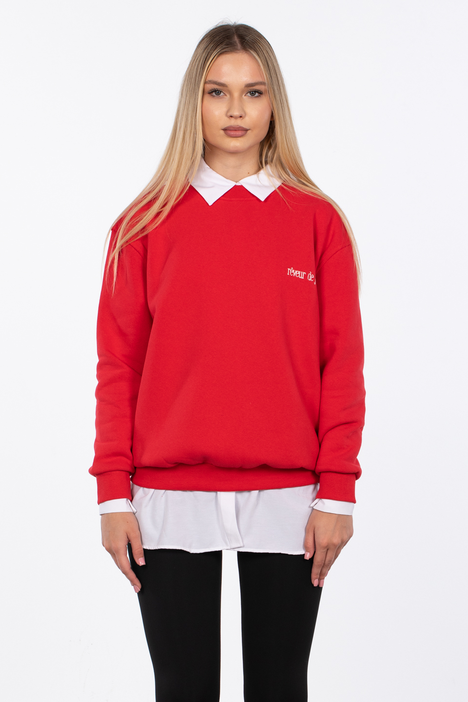 Reveur de jour nakışlı sweatshirt-83-568 Kırmızı