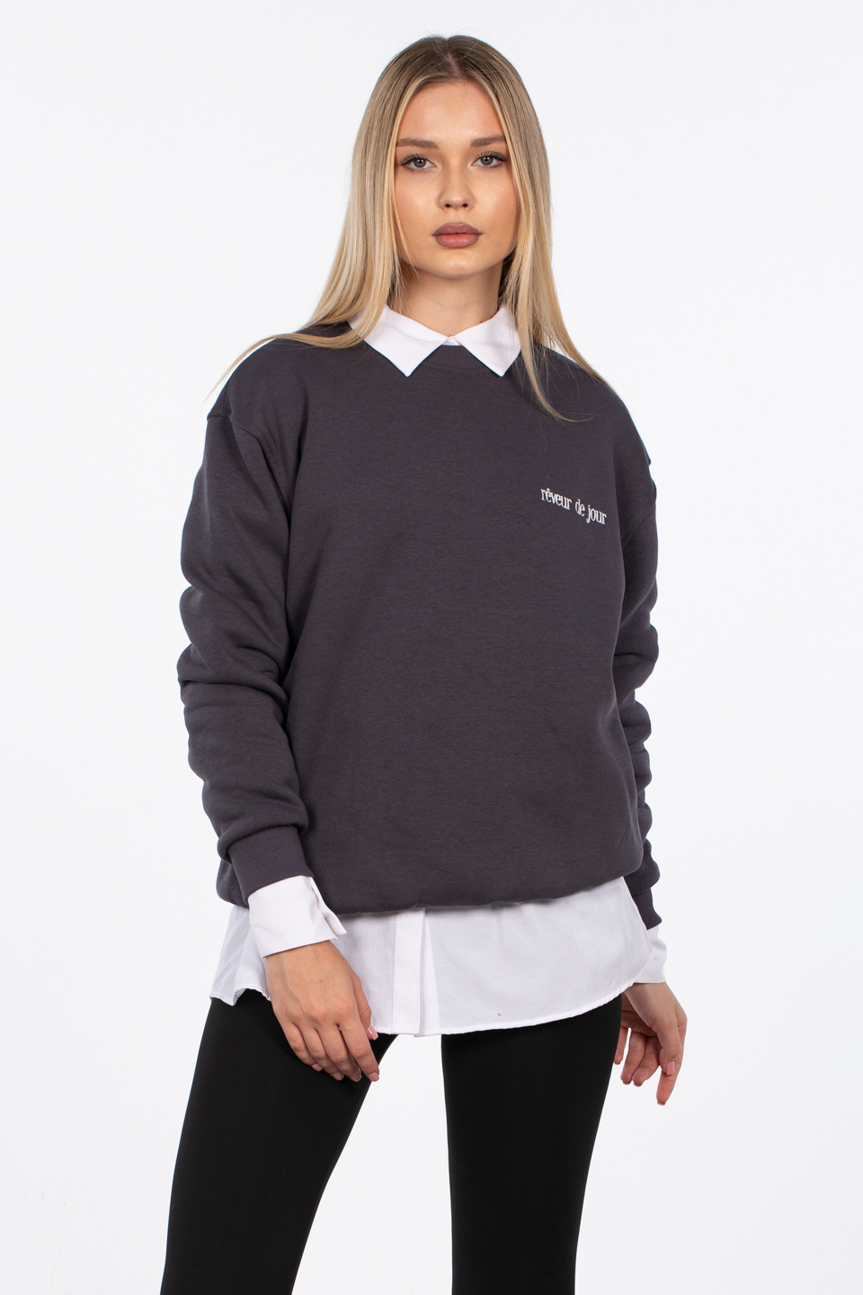 Reveur de jour nakışlı sweatshirt-83-568 Antrasit