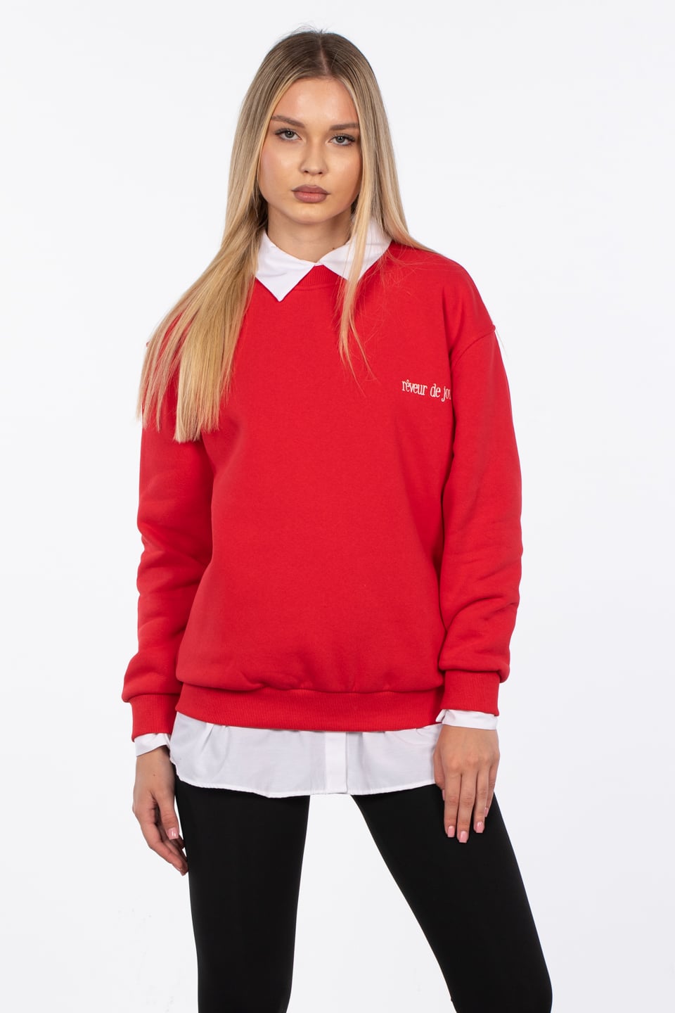 Reveur de jour nakışlı sweatshirt-83-568 Kırmızı