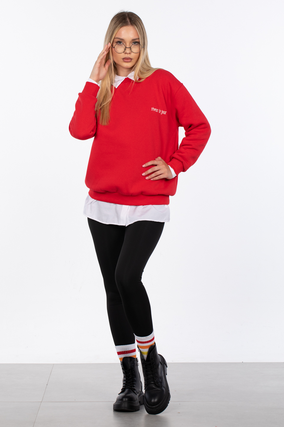 Reveur de jour nakışlı sweatshirt-83-568 Kırmızı