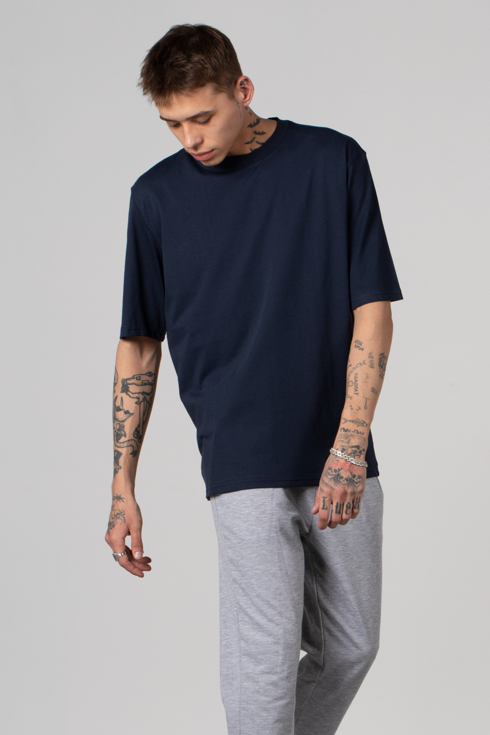 Ribana yaka oversize t-shırt-2644 İndigo