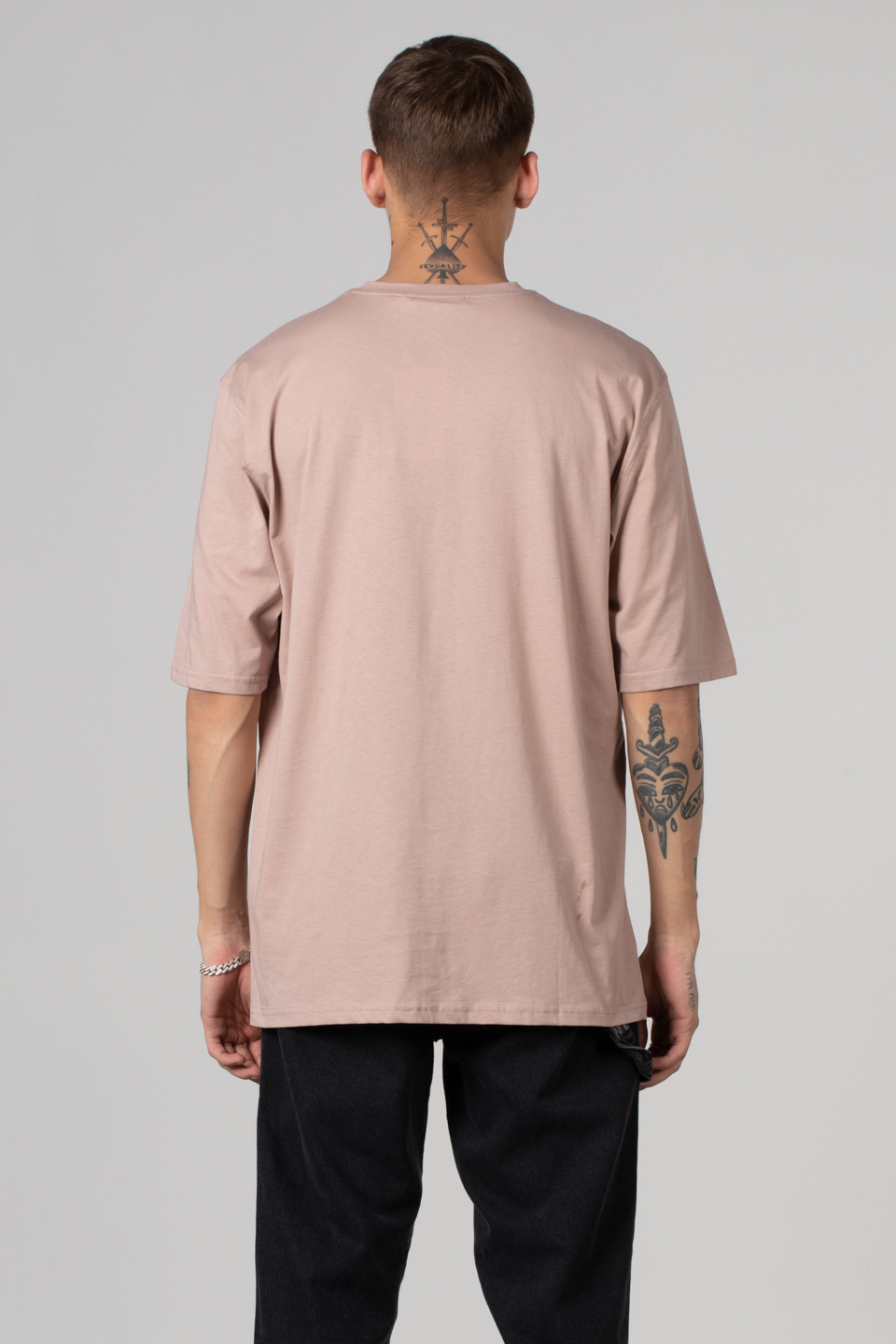 Ribana yaka oversize t-shırt-2644 Pudra