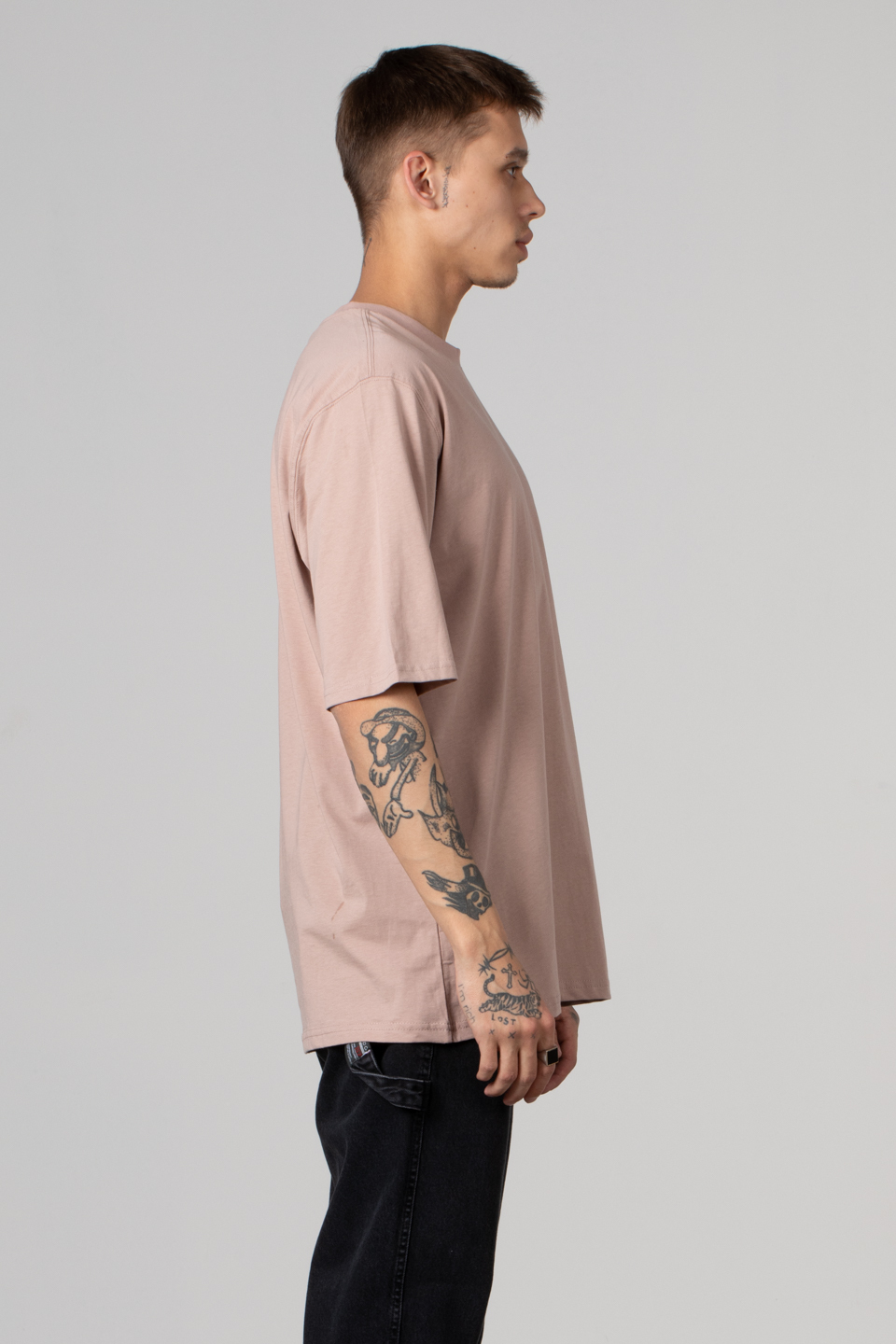 Ribana yaka oversize t-shırt-2644 Pudra