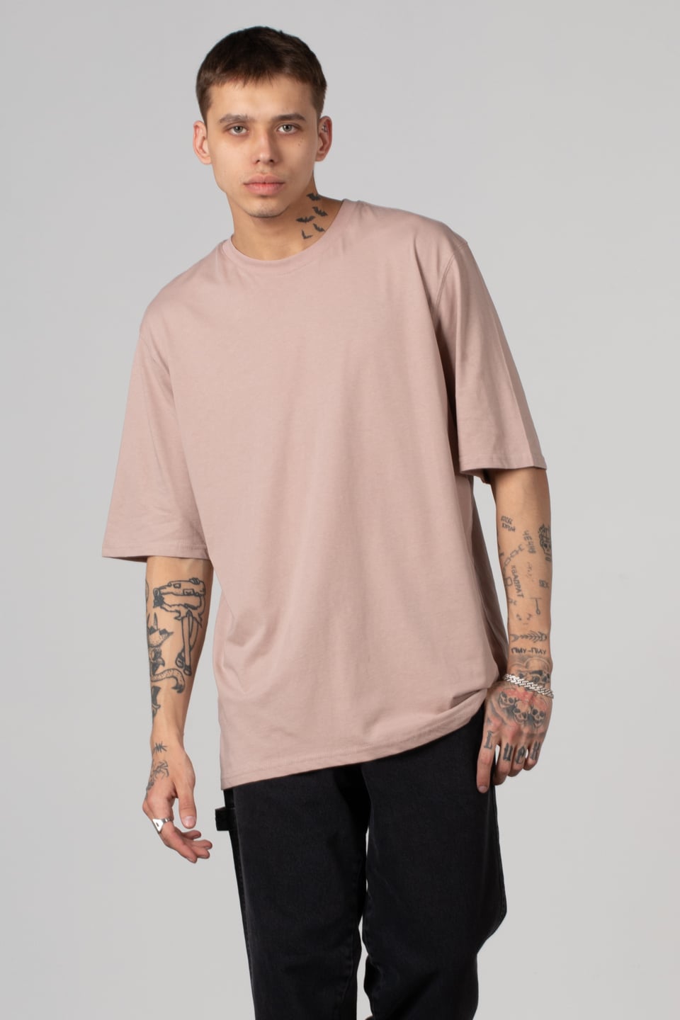 Ribana yaka oversize t-shırt-2644 Pudra