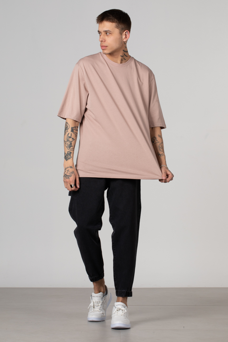 Ribana yaka oversize t-shırt-2644 Pudra