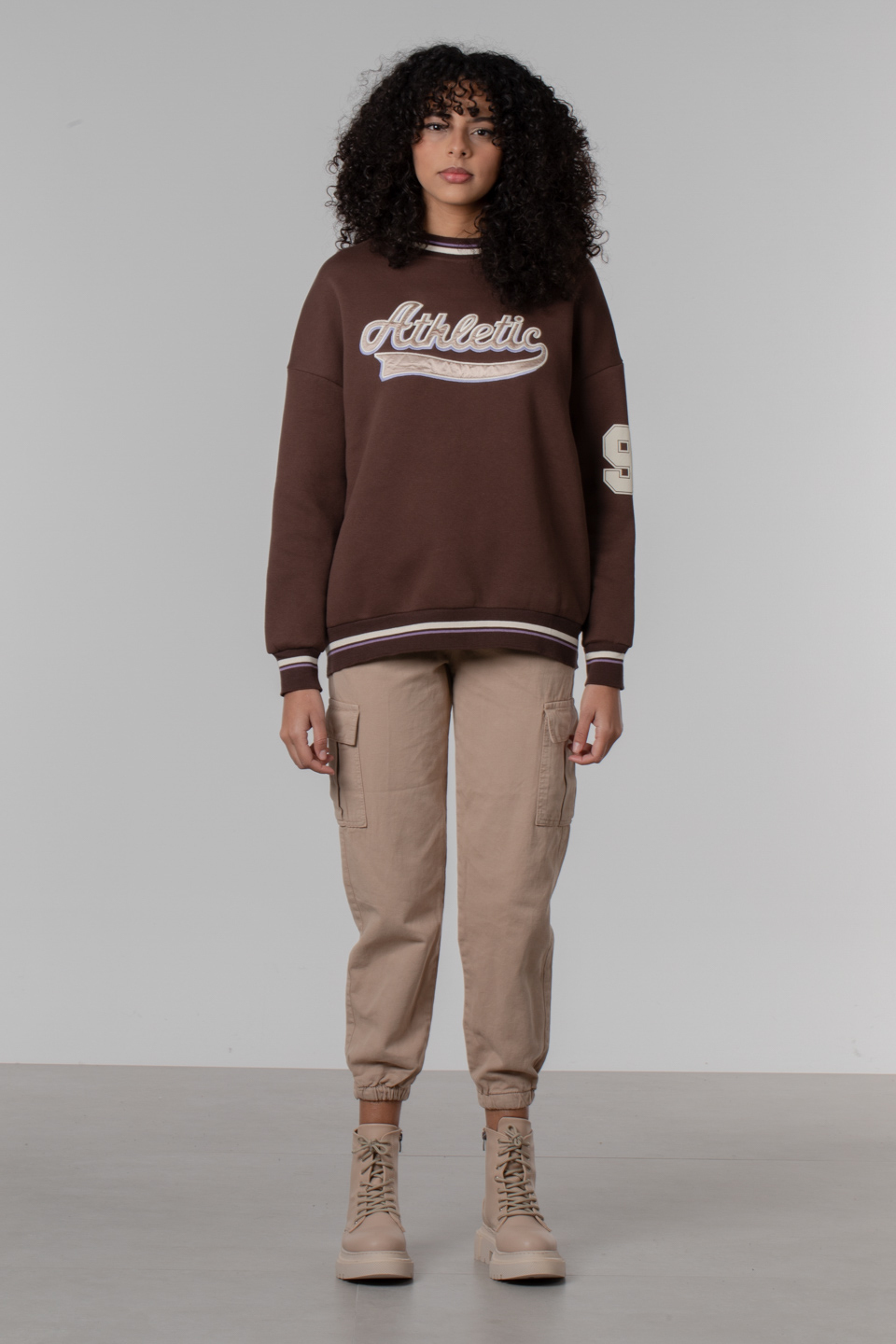 Ribanalı baskılı sweatshirt-DVN0099 Kahve