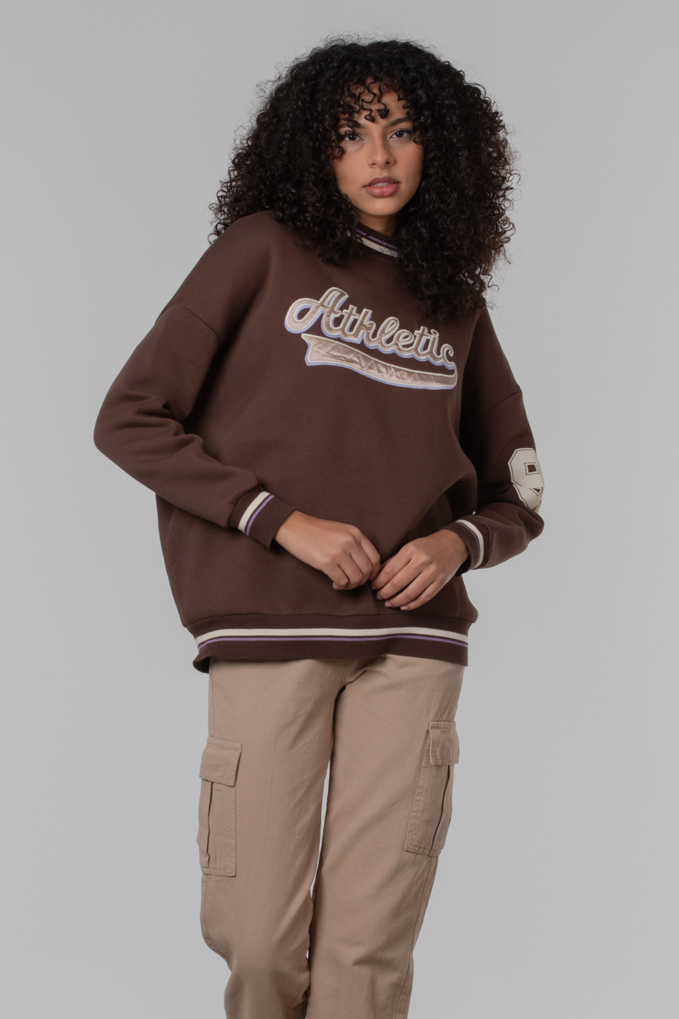 Ribanalı baskılı sweatshirt-DVN0099 Kahve