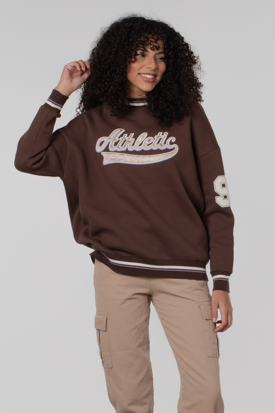 Ribanalı baskılı sweatshirt-DVN0099 Kahve