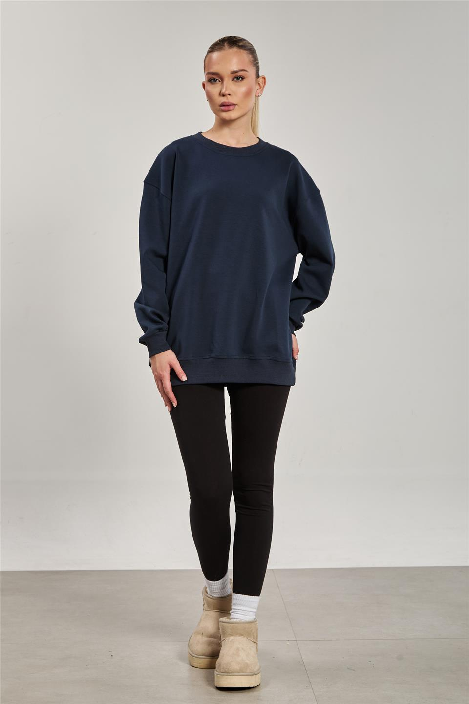 Ribanalı bisiklet yaka oversize sweatshirt-10729 Lacivert
