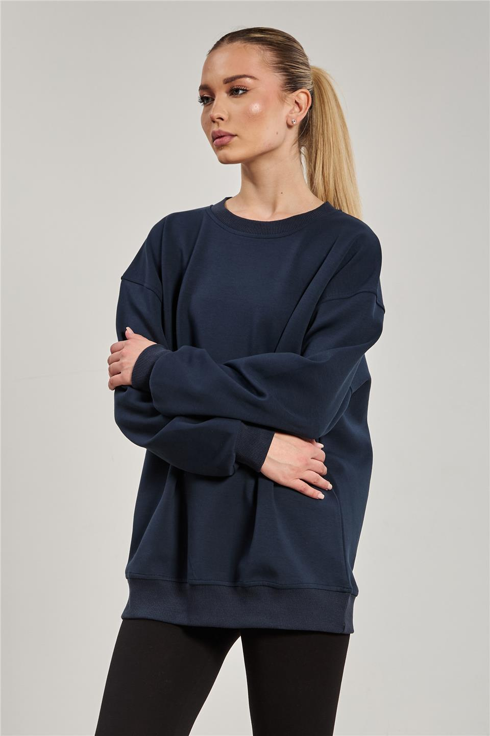 Ribanalı bisiklet yaka oversize sweatshirt-10729 Lacivert