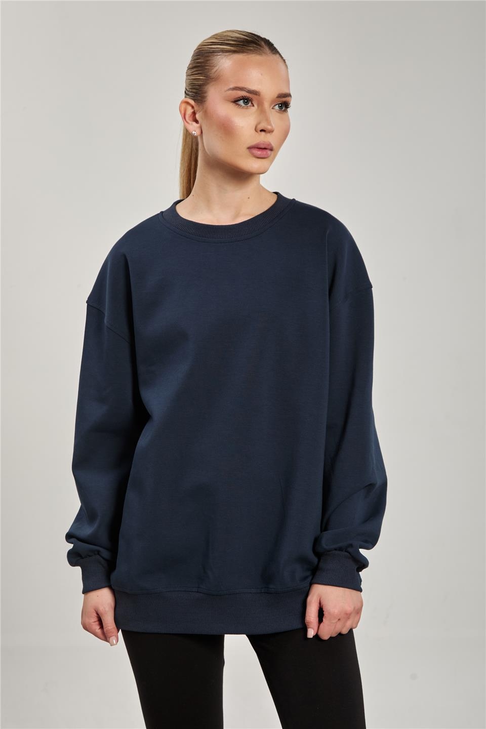 Ribanalı bisiklet yaka oversize sweatshirt-10729 Lacivert