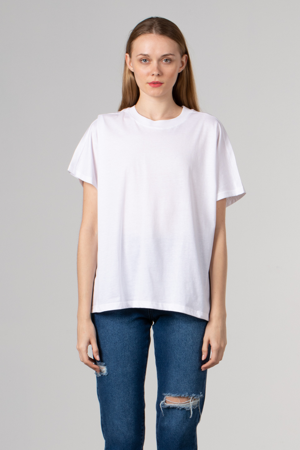 Ribanalı yaka oversize t-hırt-4489 Beyaz