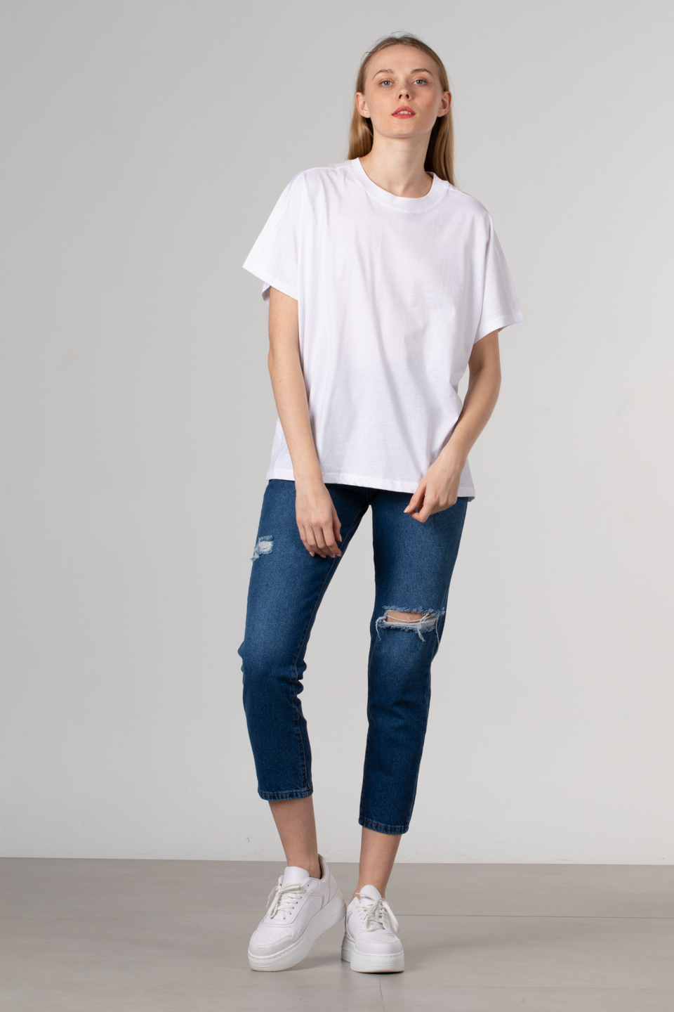 Ribanalı yaka oversize t-hırt-4489 Beyaz