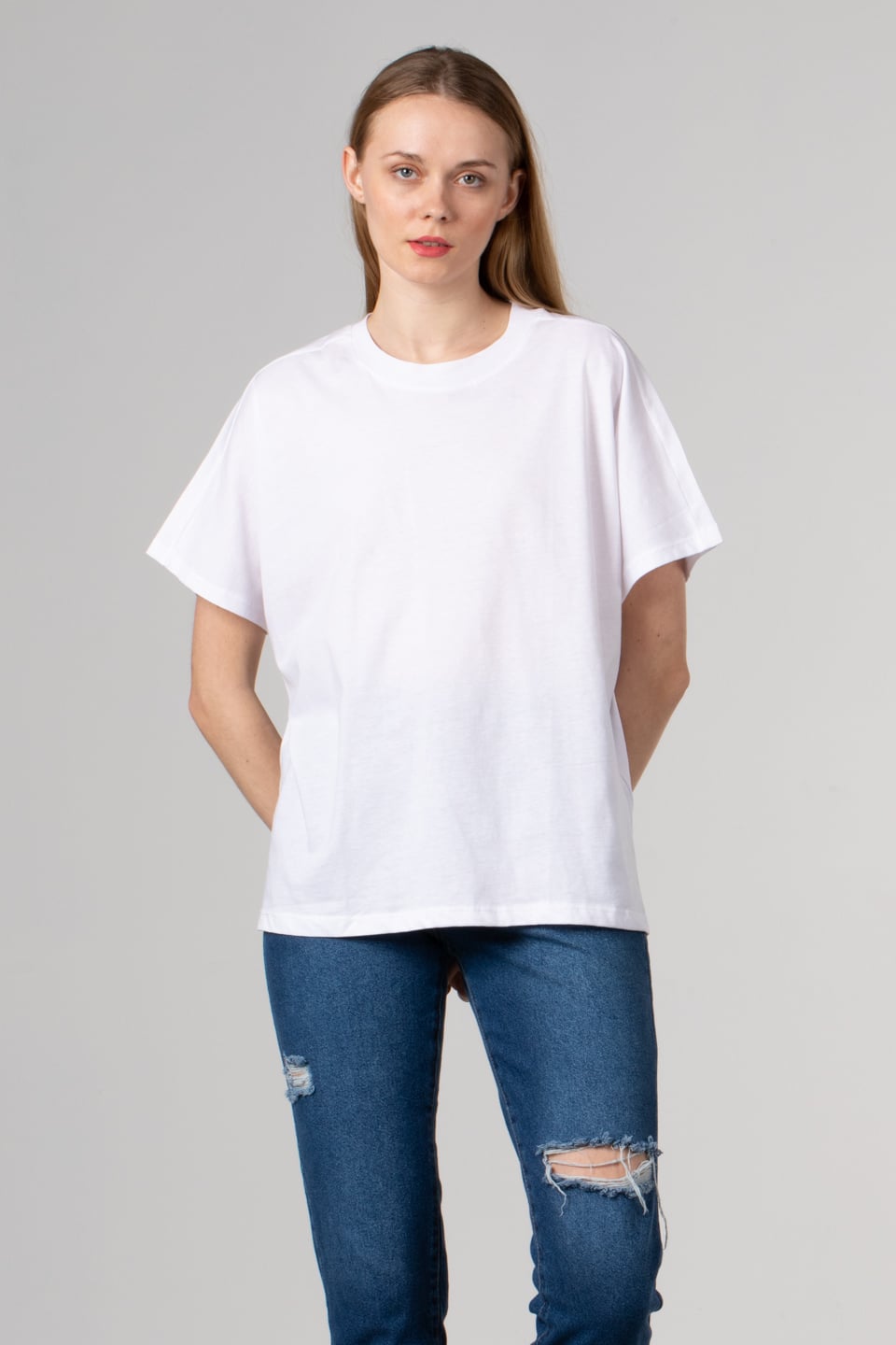 Ribanalı yaka oversize t-hırt-4489 Beyaz