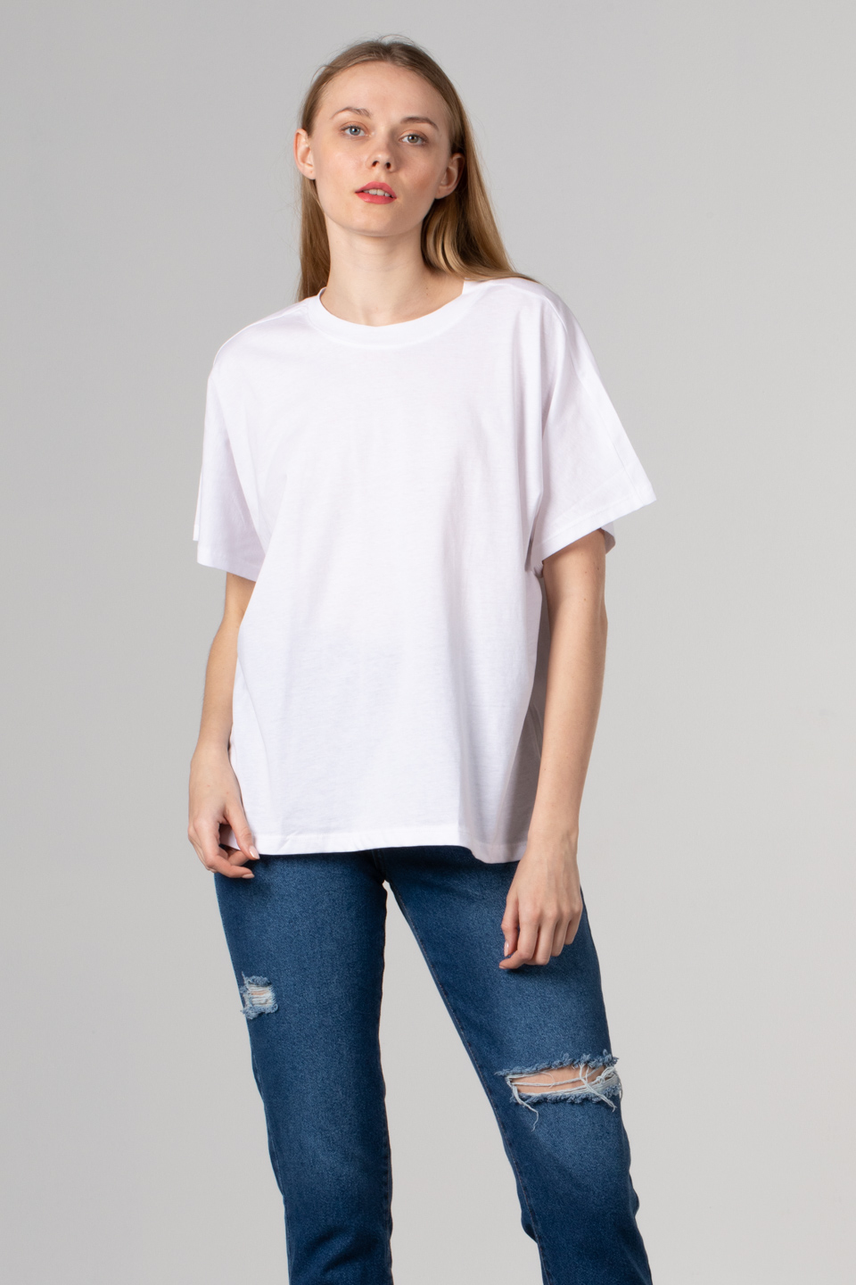Ribanalı yaka oversize t-hırt-4489 Beyaz