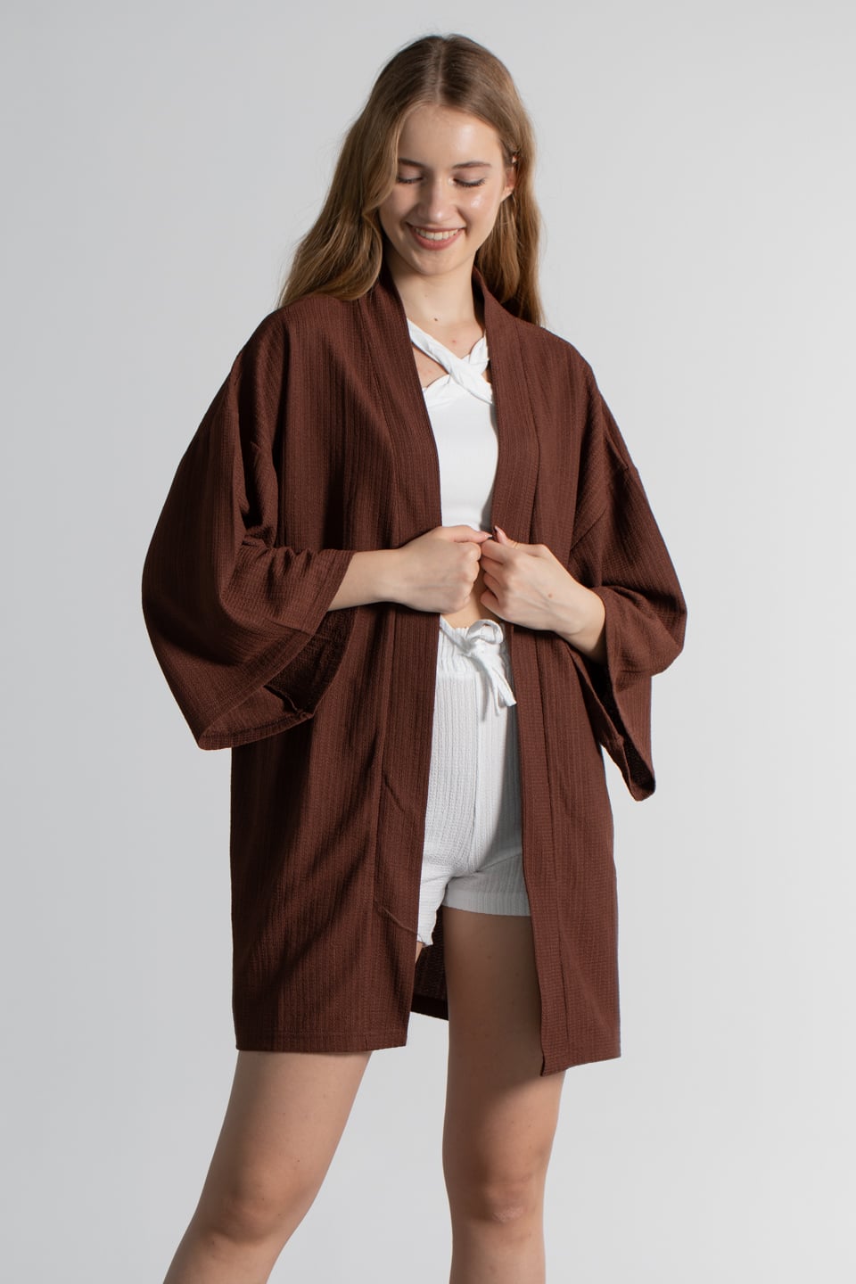 Şal yaka bürümcük hırka-3495 Kahve
