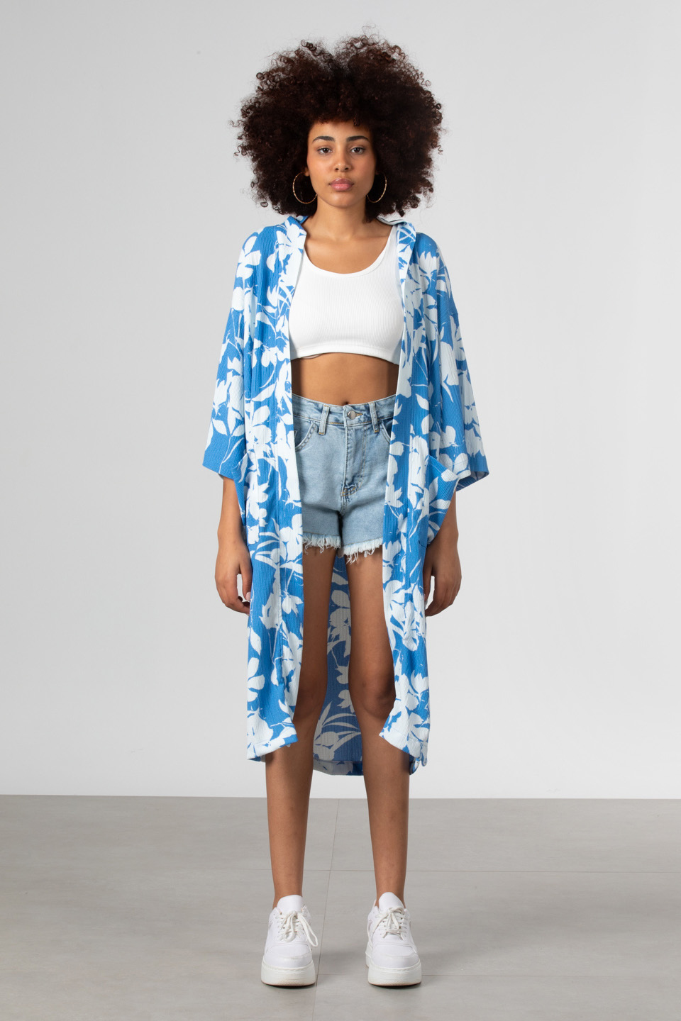 Şal yaka cepli kimono-90698 Mavi