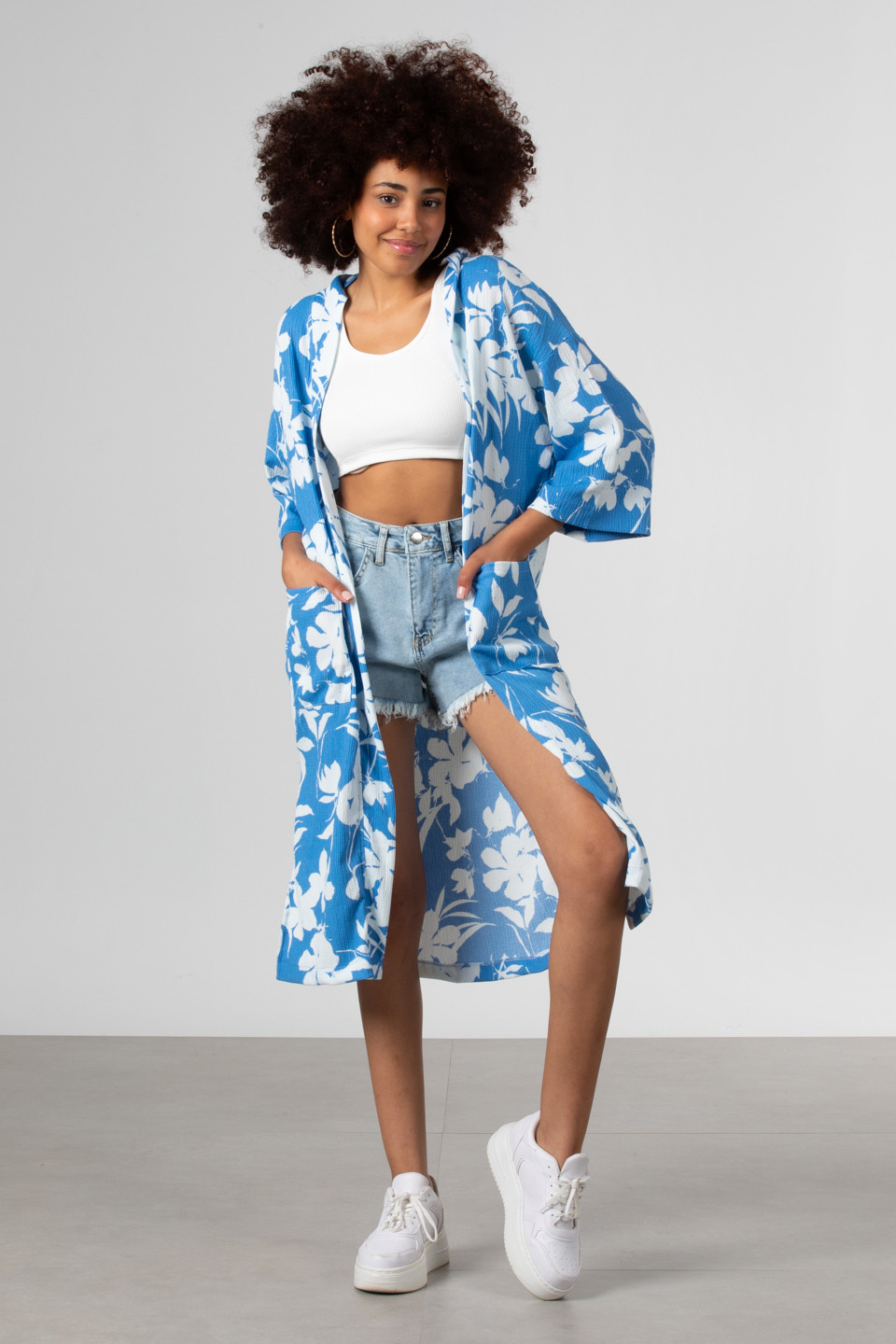 Şal yaka cepli kimono-90698 Mavi