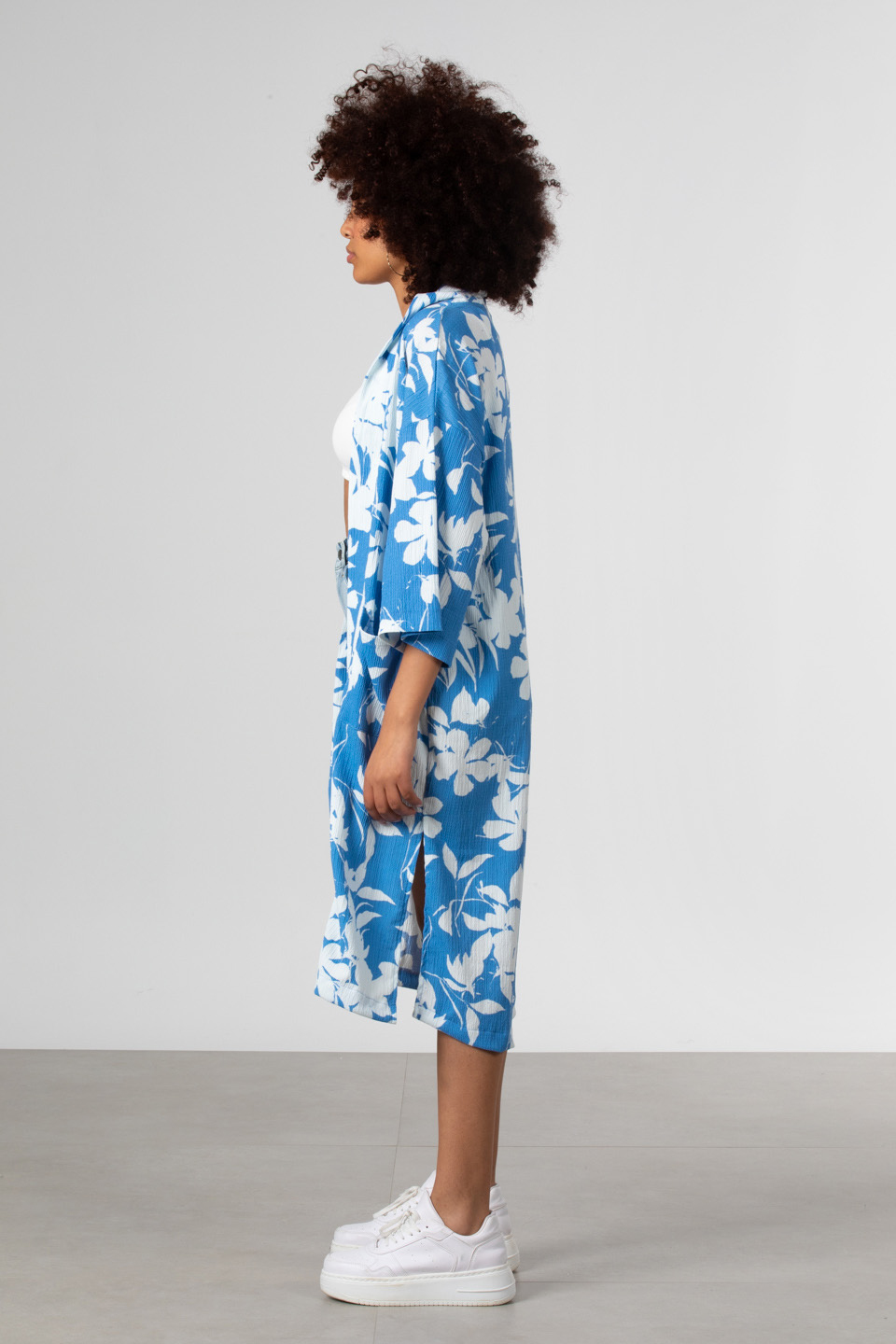 Şal yaka cepli kimono-90698 Mavi
