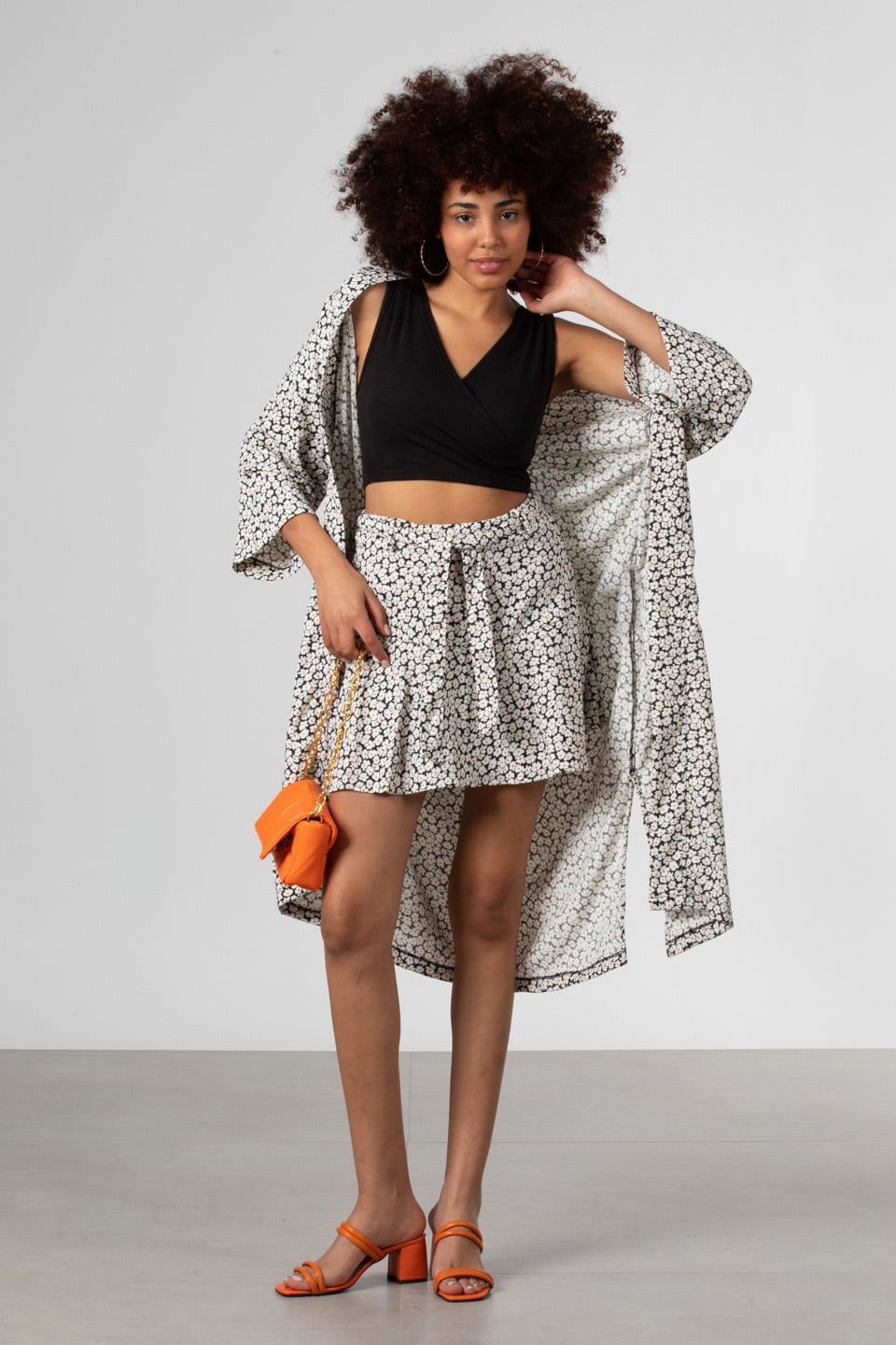 Şal yaka cepli kimono-90698 Siyah/Ekru