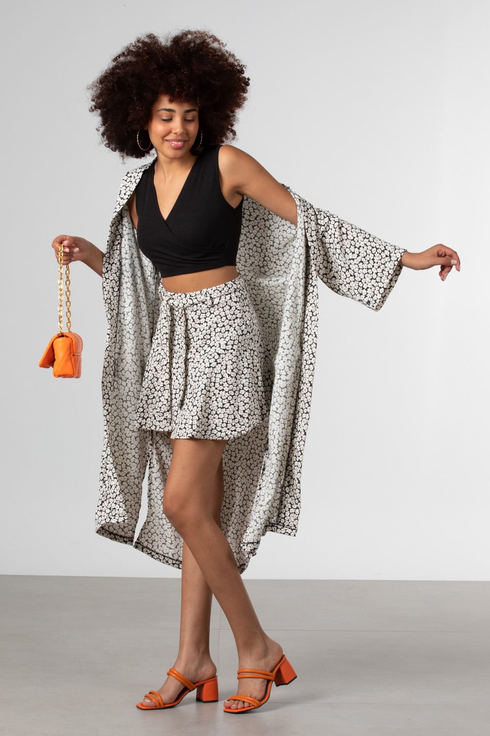 Şal yaka cepli kimono-90698 Siyah/Ekru