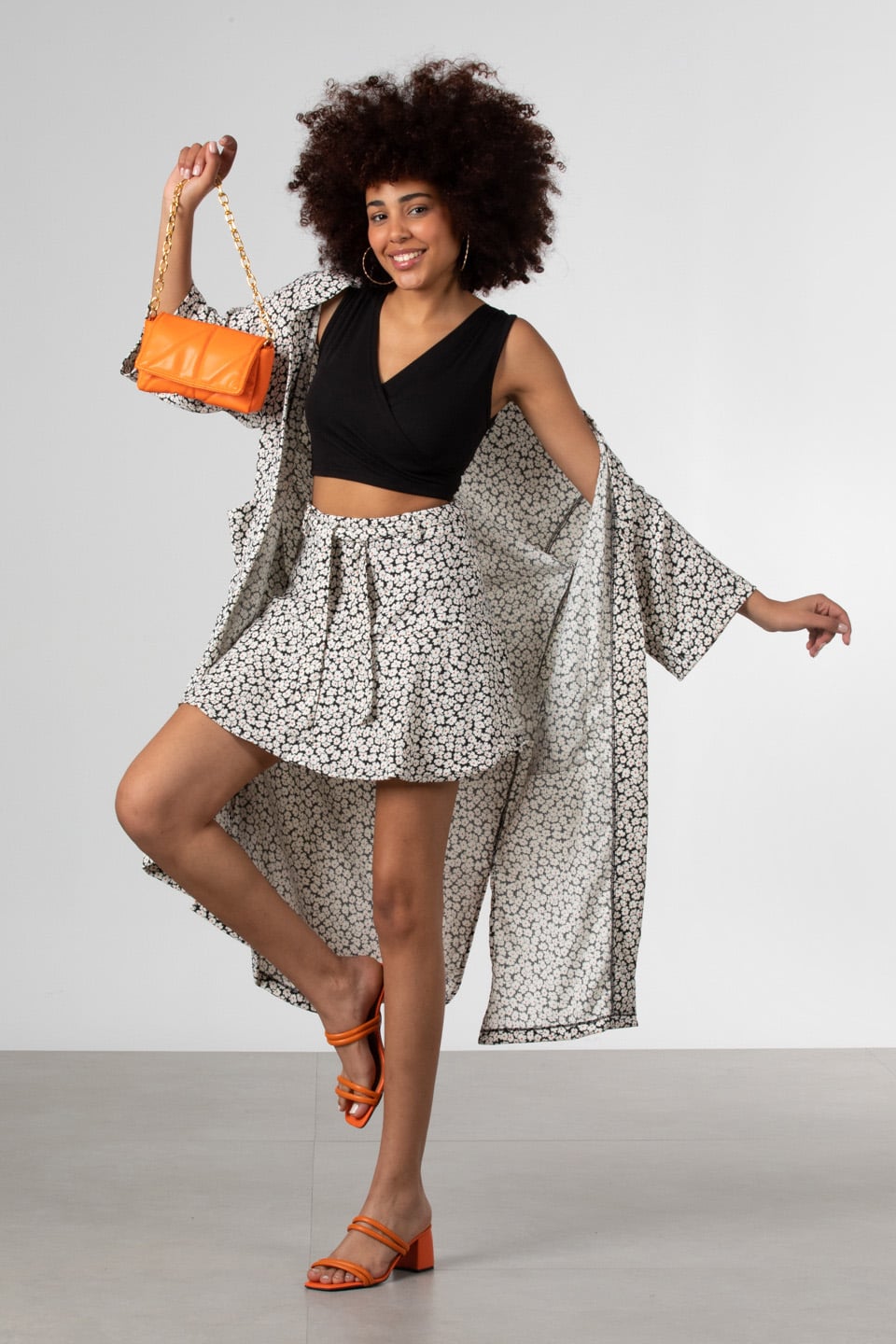 Şal yaka cepli kimono-90698 Siyah/Ekru