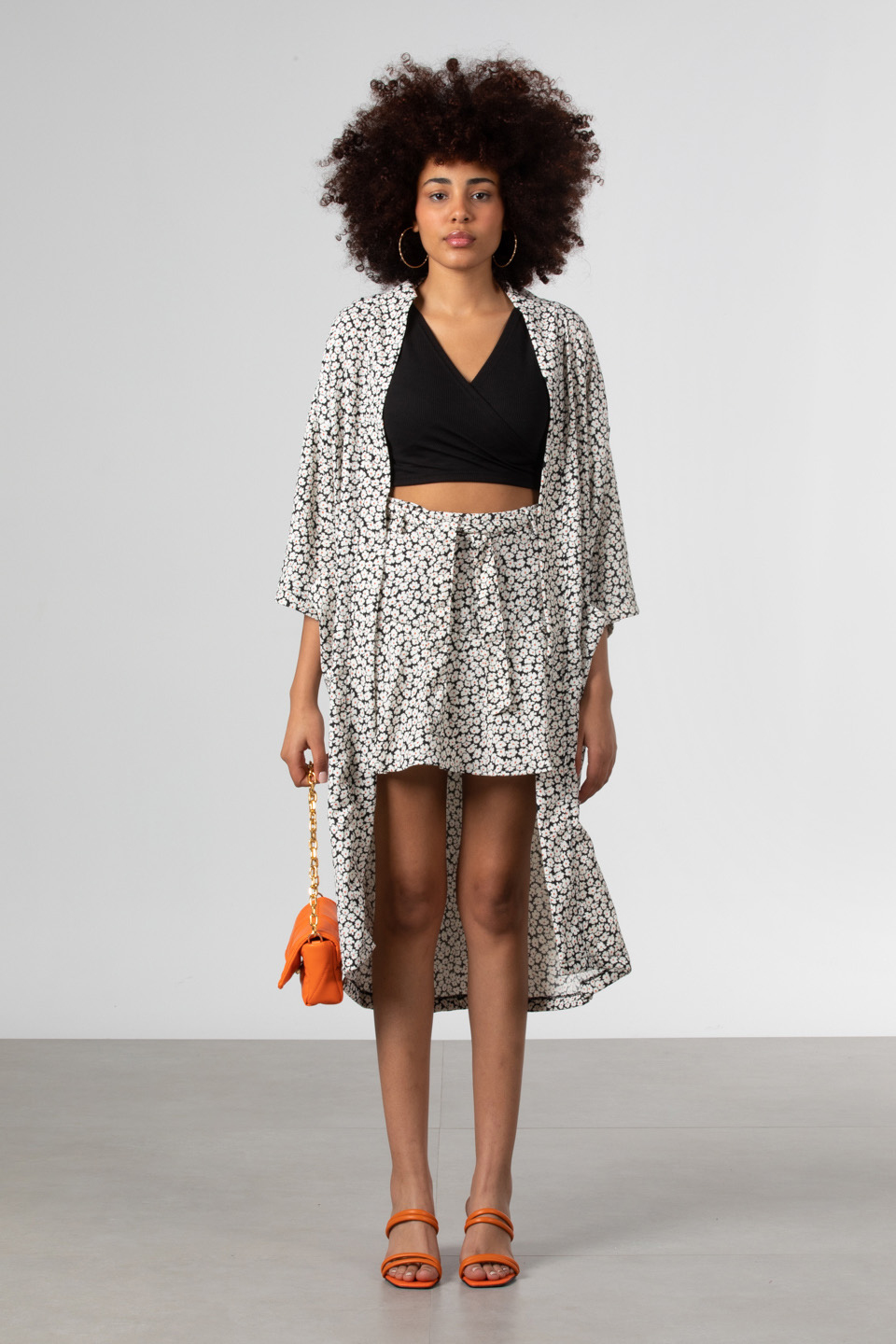 Şal yaka cepli kimono-90698 Siyah/Ekru