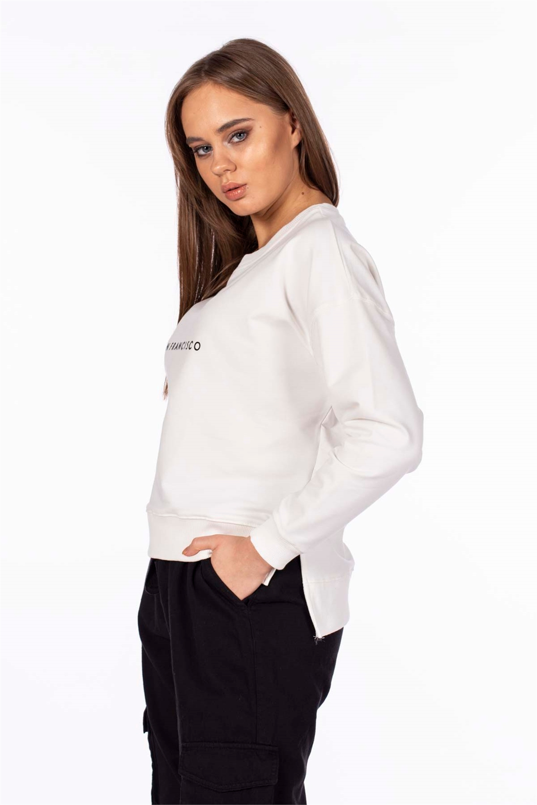 San Francisco Baskılı Basic Sweatshirt-Ekru