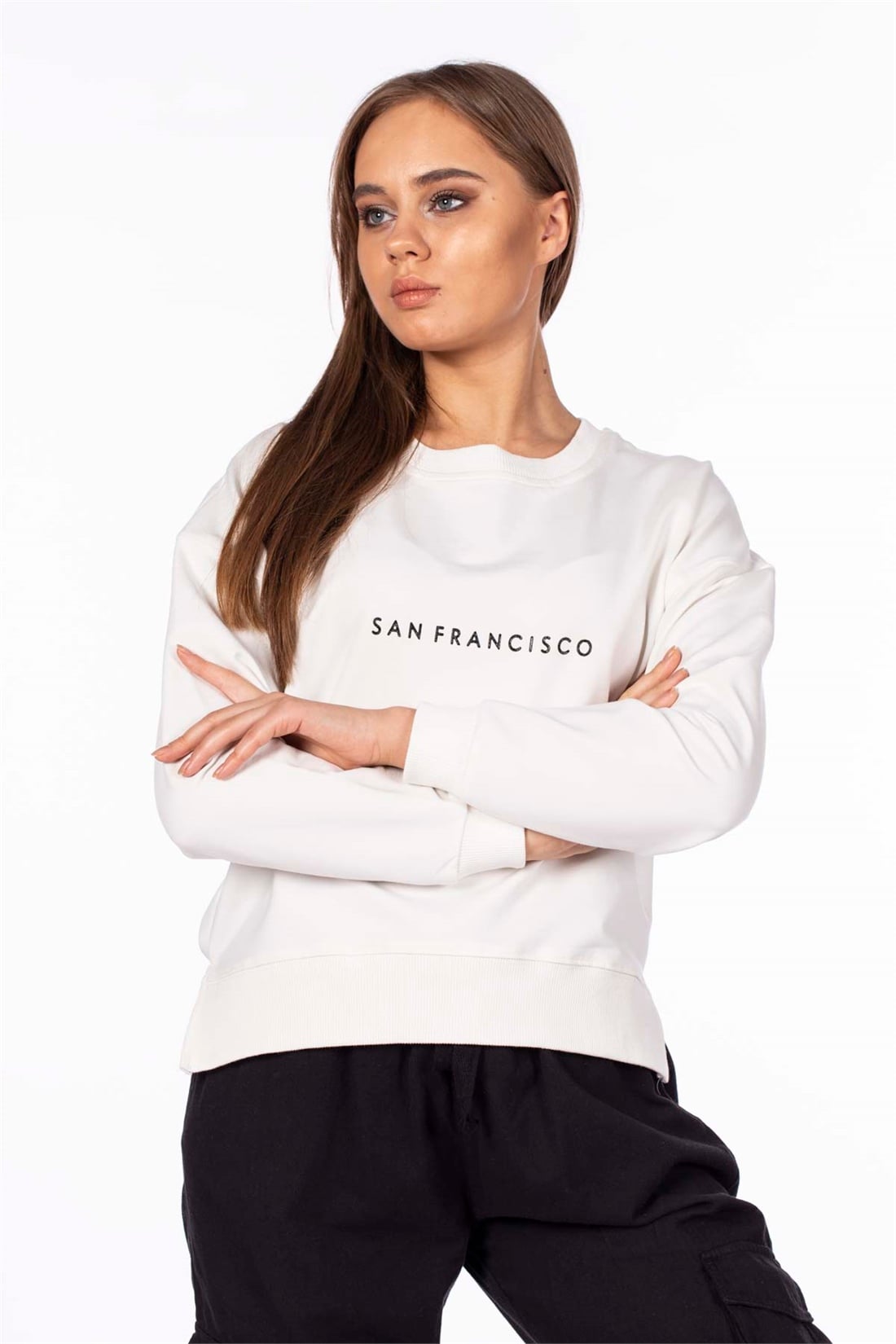 San Francisco Baskılı Basic Sweatshirt-Ekru