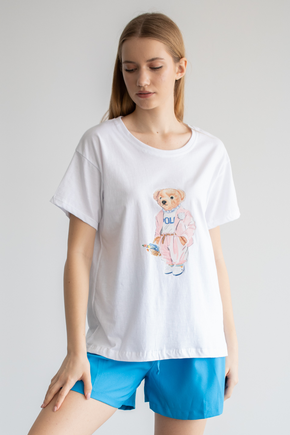 Sepetli Ayıcık Baskılı T-Shirt - Beyaz