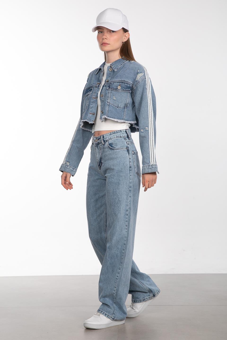 Şeritli denim ceket-0900 Mavi