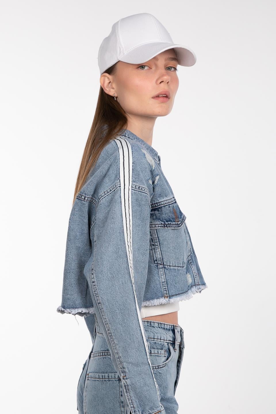 Şeritli denim ceket-0900 Mavi