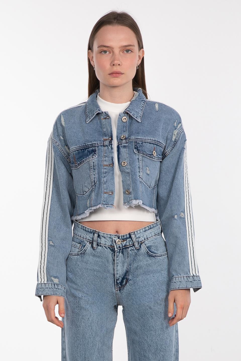 Şeritli denim ceket-0900 Mavi