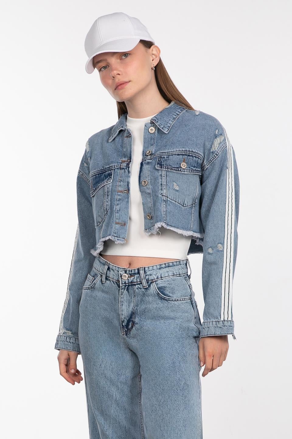 Şeritli denim ceket-0900 Mavi
