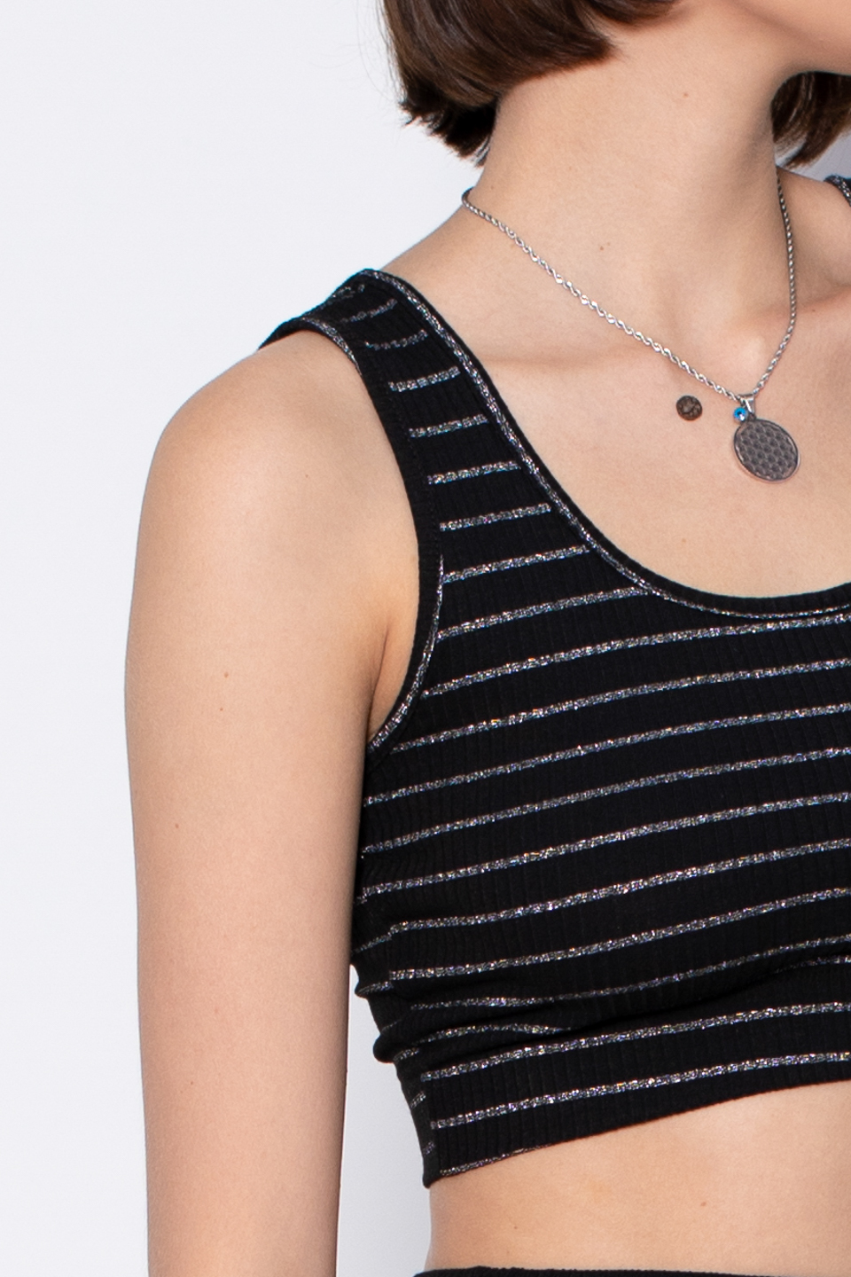 Simli çizgili crop body-5804 Siyah