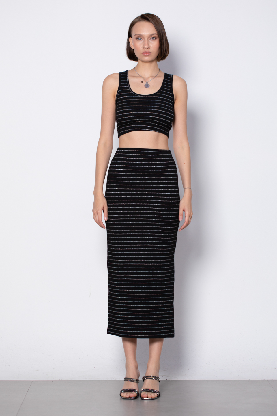 Simli çizgili crop body-5804 Siyah