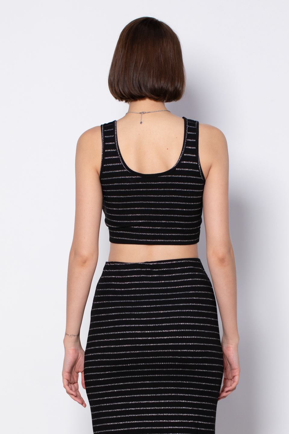 Simli çizgili crop body-5804 Siyah