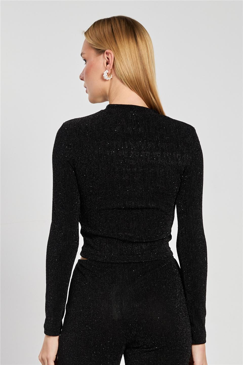 Simli uzun kol body-2668 Siyah