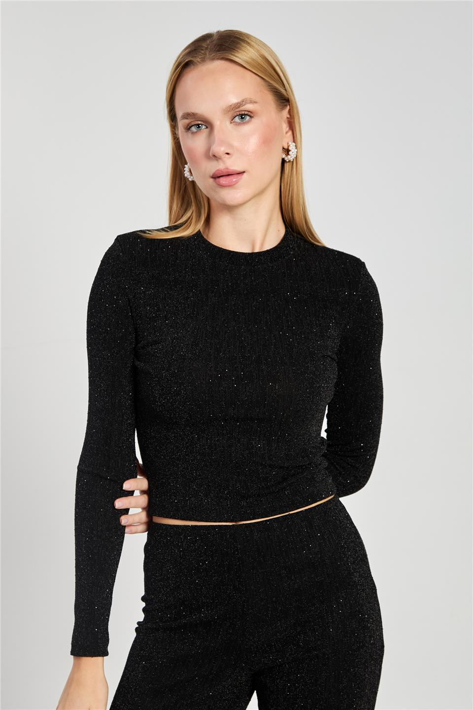 Simli uzun kol body-2668 Siyah