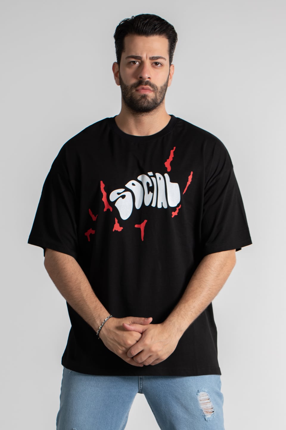 Social baskılı t-shirt-4003 Siyah