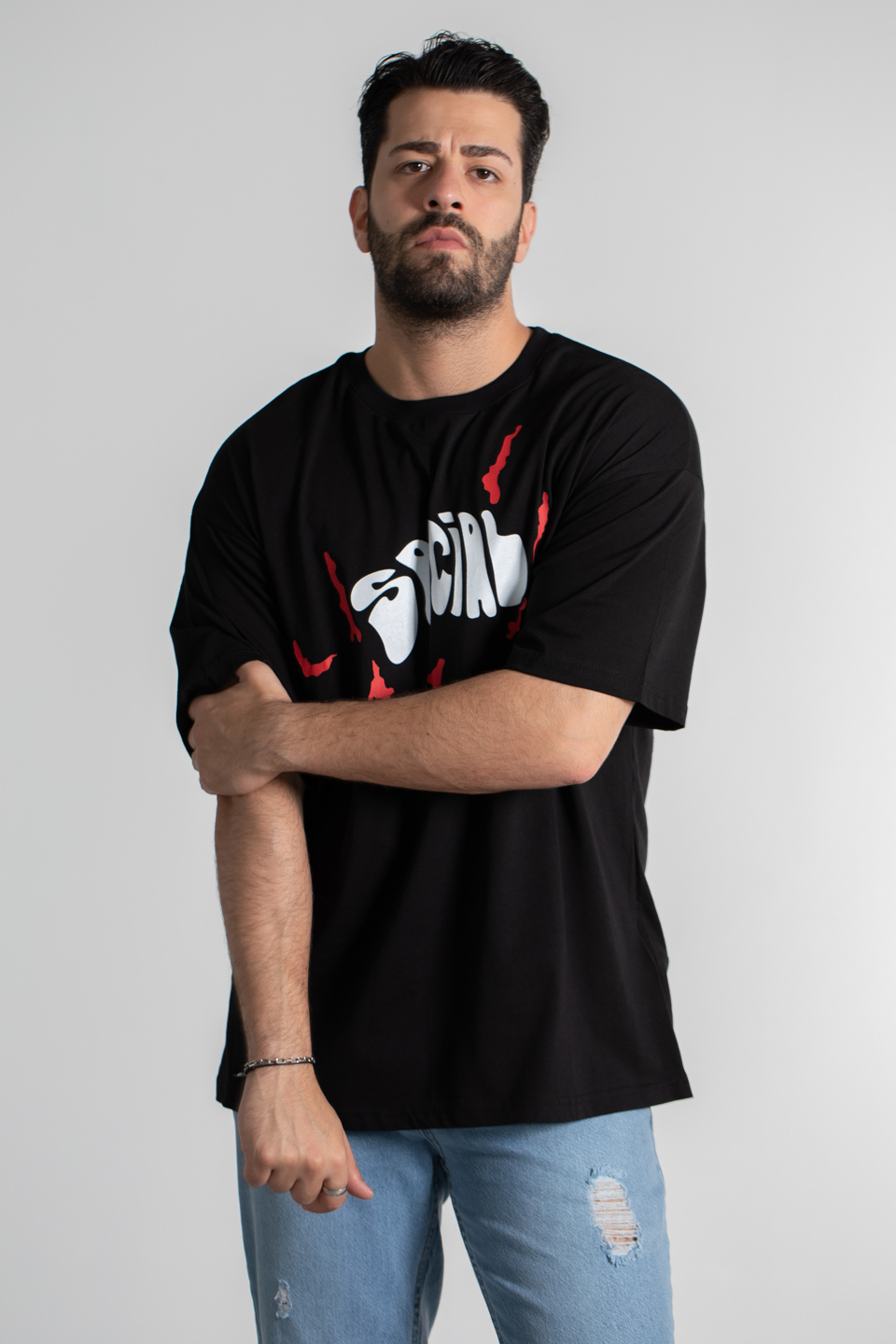 Social baskılı t-shirt-4003 Siyah