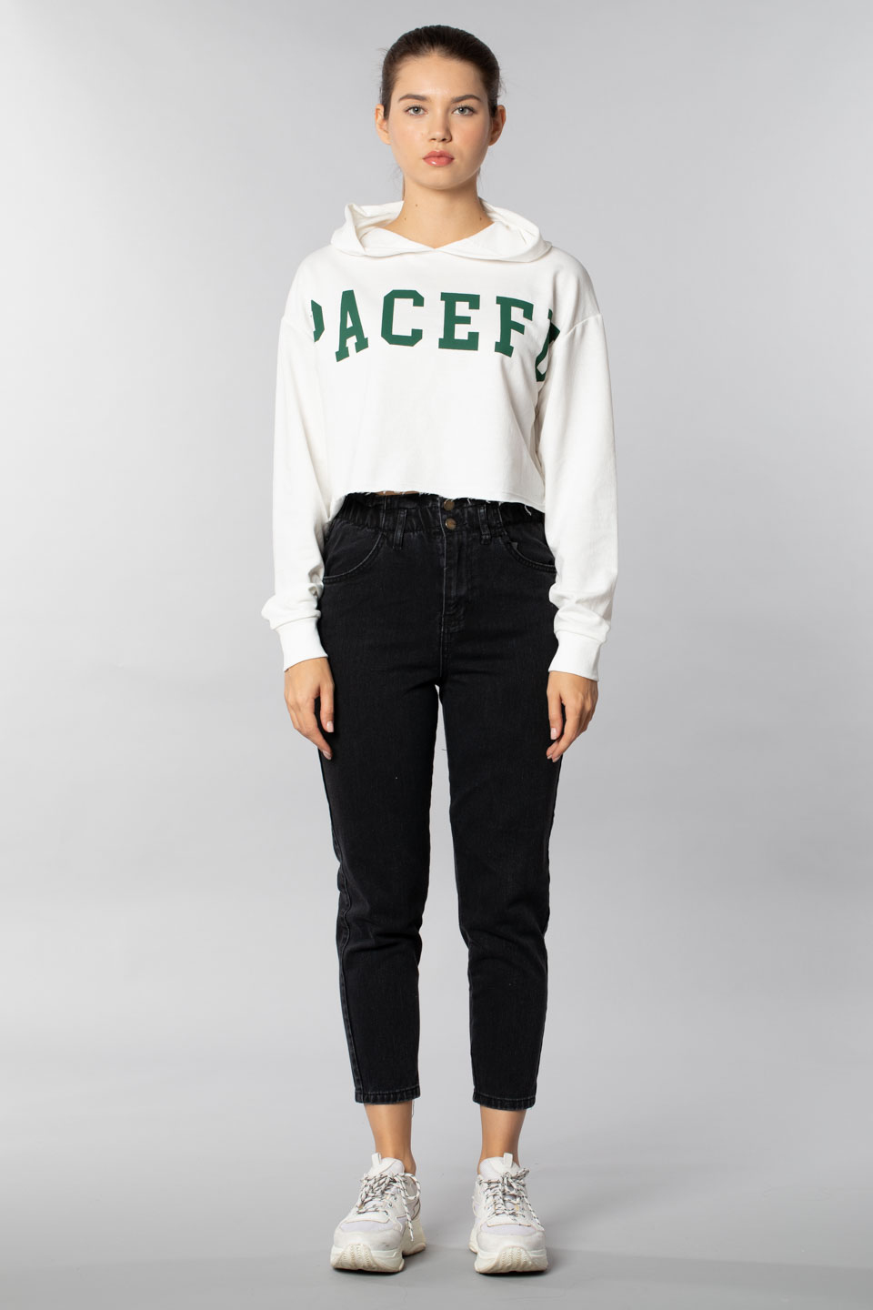 Spacefun baskılı crop sweatsırt-9678 Ekru