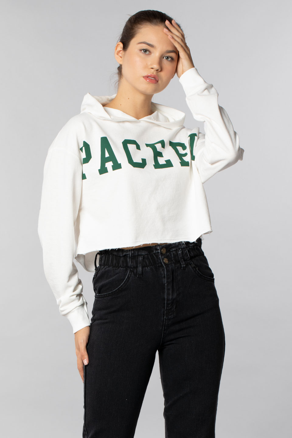 Spacefun baskılı crop sweatsırt-9678 Ekru