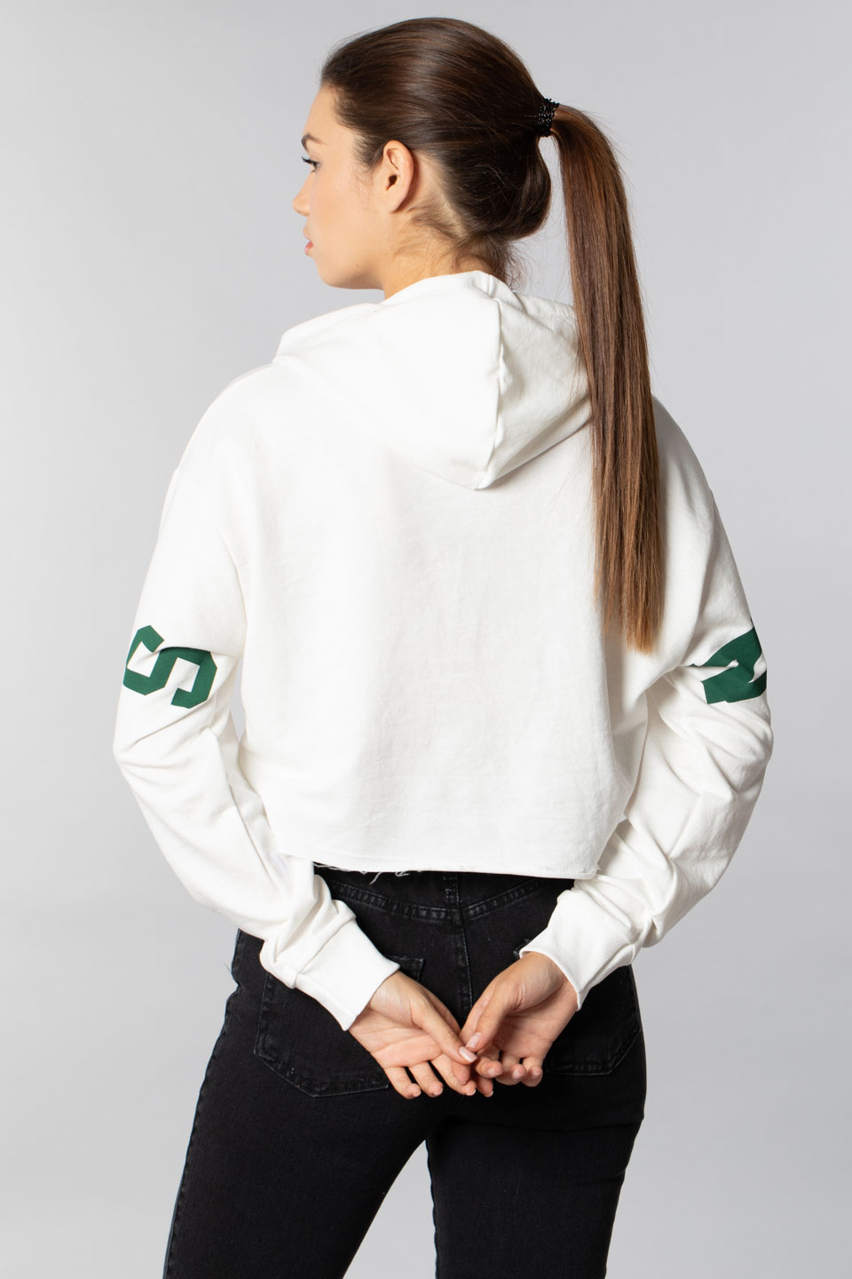 Spacefun baskılı crop sweatsırt-9678 Ekru