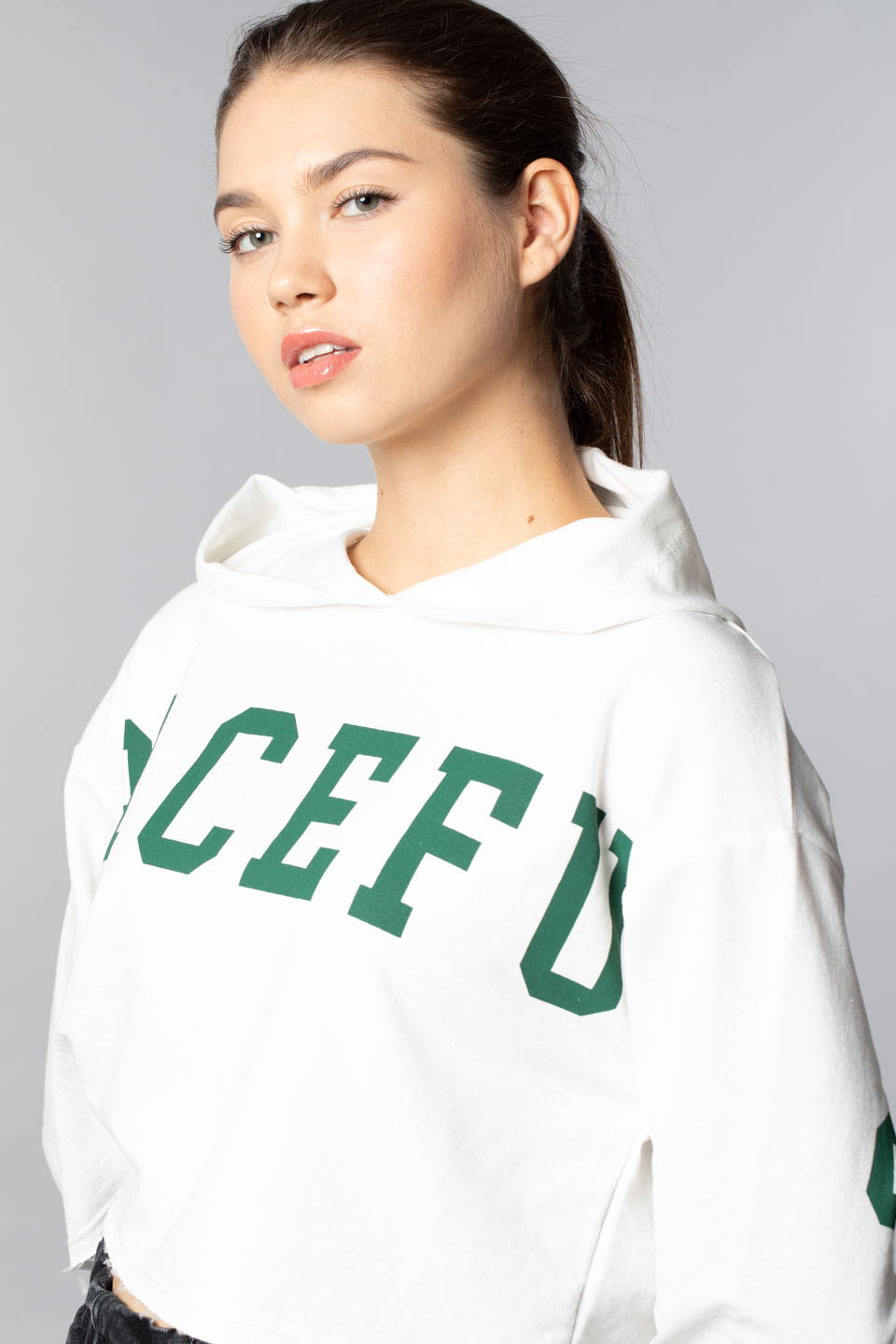 Spacefun baskılı crop sweatsırt-9678 Ekru