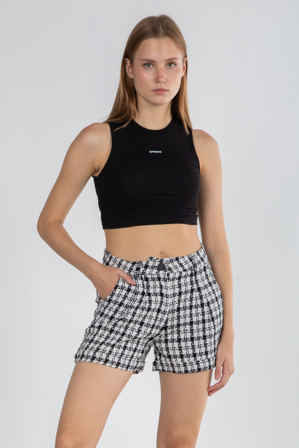 Spring baskılı crop atlet-3730 Siyah