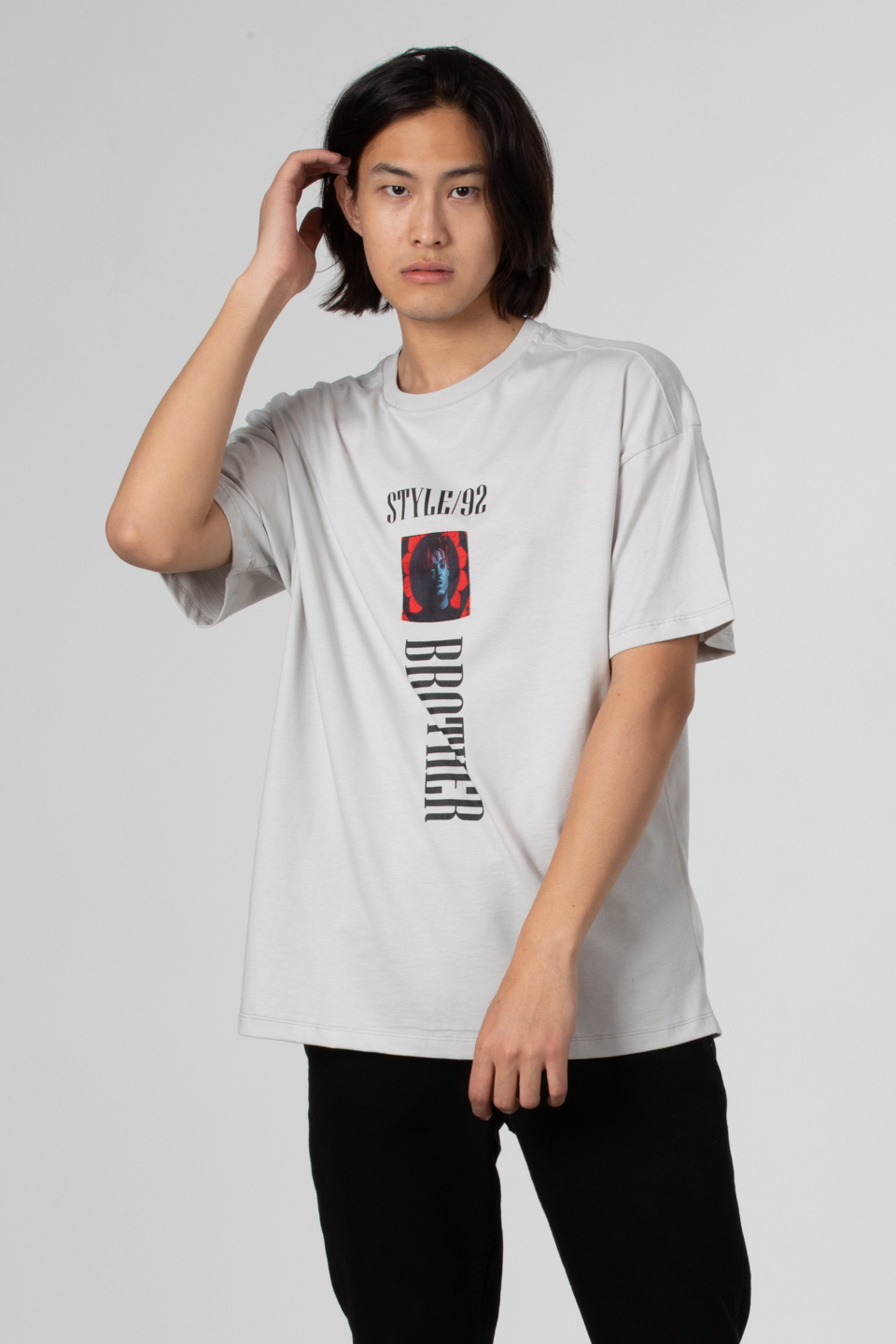 Stlye baskılı oversize t-shirt-1031 Boyalı Gri
